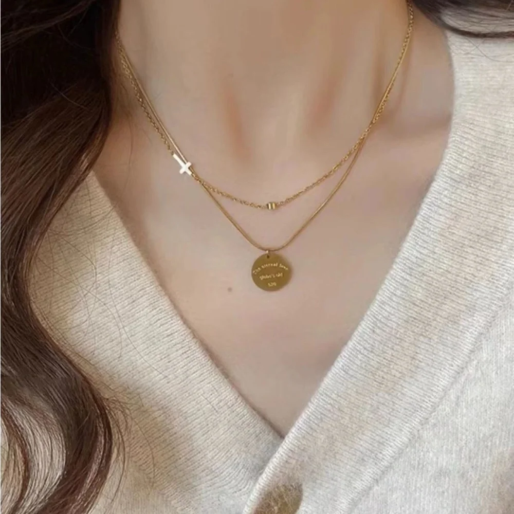 18K Gold Plated Double Layered Necklace*Stackable Cross Necklace*Round PendantLW - Picture 6 of 8